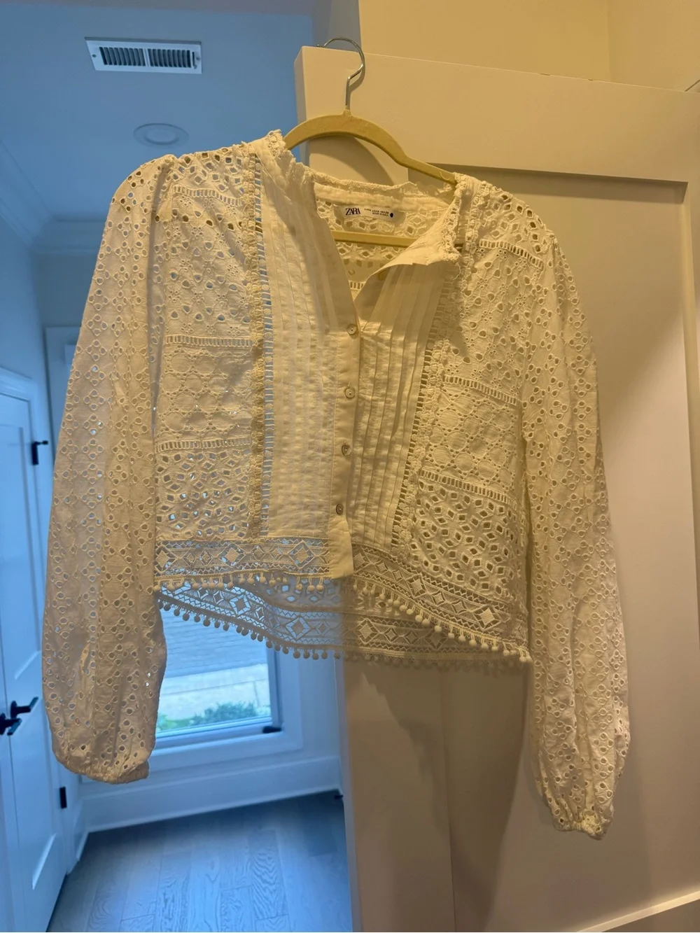 Zara White Eyelet Crochet Pintuck Button-Front Top